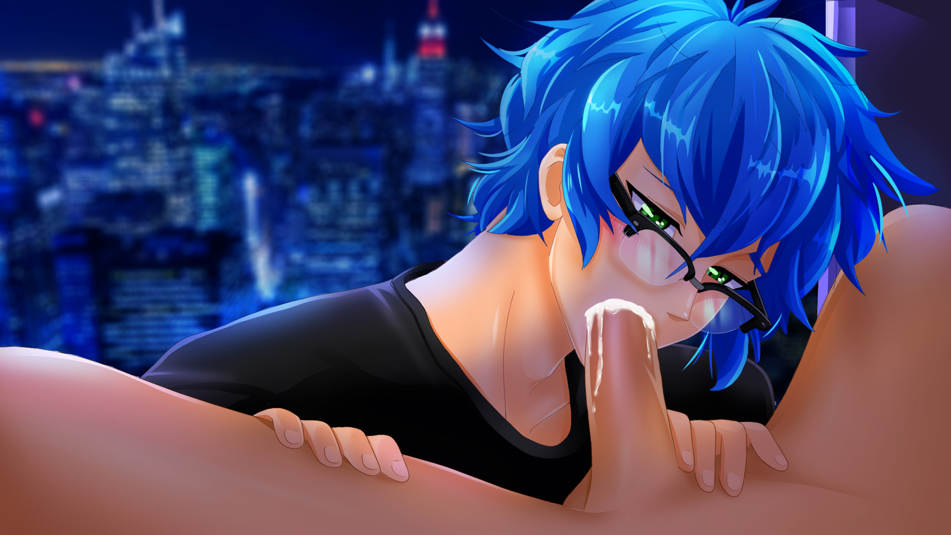 mike (fap ceo menstream), fap ceo menstream, 2boys, apartment, black shirt, blowjob, blue hair, blush, cum, cum in mouth, cum inside, cum leaking, fellatio, gamer, gay, glasses, green eyes, hand between legs, hand on crotch, hand on thigh, legs spread, male, male only, male pov, oral, pale-skinned male, penis, window, yaoi, 