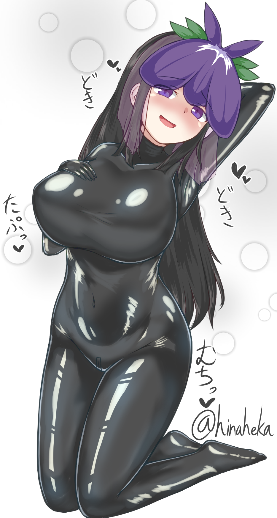 black_bodysuit black_clothing black_hair black_latex bodysuit breasts clothing crotch_zipper curvy female female_focus female_only flower flower_on_head fully_clothed highres hinaheka hiragana_(script) japanese_text large_breasts latex latex_bodysuit latex_clothing latex_suit long_hair looking_at_viewer looking_pleasured open_mouth plump png purple_eyes shiny_clothes signature skin_tight smile solo text tight_clothing touhou translated twitter_username white_background yomotsu_hisami zipper