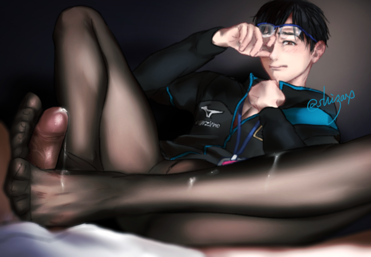 shizax, yuri!!! on ice, 2boys, against wall, black hair, blush, bottomless,...