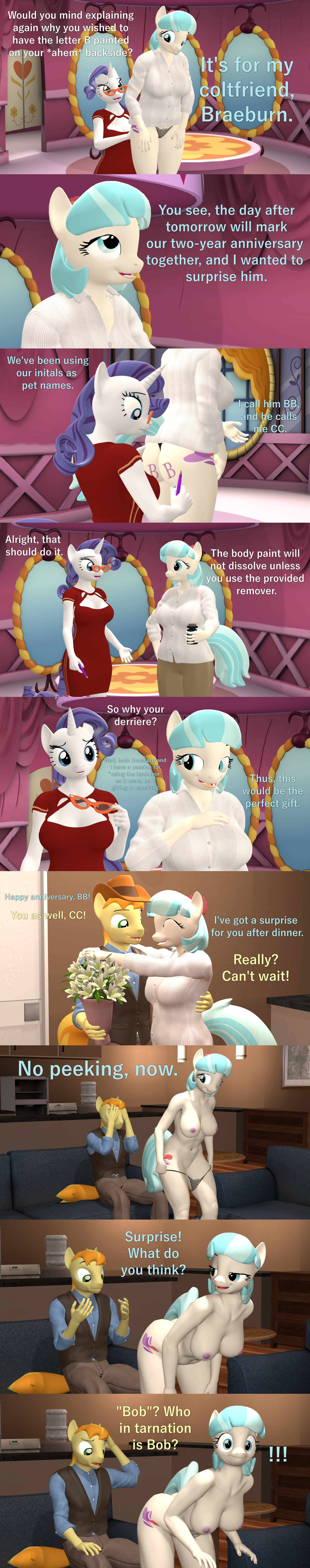 3d absurd_res anthro anthrofied areola ass bedroom_eyes bent_over big_breasts biped blue_eyes blue_hair body_writing braeburn_(mlp) breasts clothed clothing coco_pommel_(mlp) covering covering_eyes covering_face detailed_background dialogue digital_media_(artwork) equid equine exclamation_point featureless_crotch female friendship_is_magic group hasbro hi_res horn inside long_image male male/female mammal mirror my_little_pony mythological_creature mythological_equine mythology narrowed_eyes nipples orange_hair panties panties_down papadragon69 partially_clothed purple_hair rarity_(mlp) red_clothing seductive tall_image text thick_thighs thong trio underwear underwear_down undressing unicorn white_body yellow_body