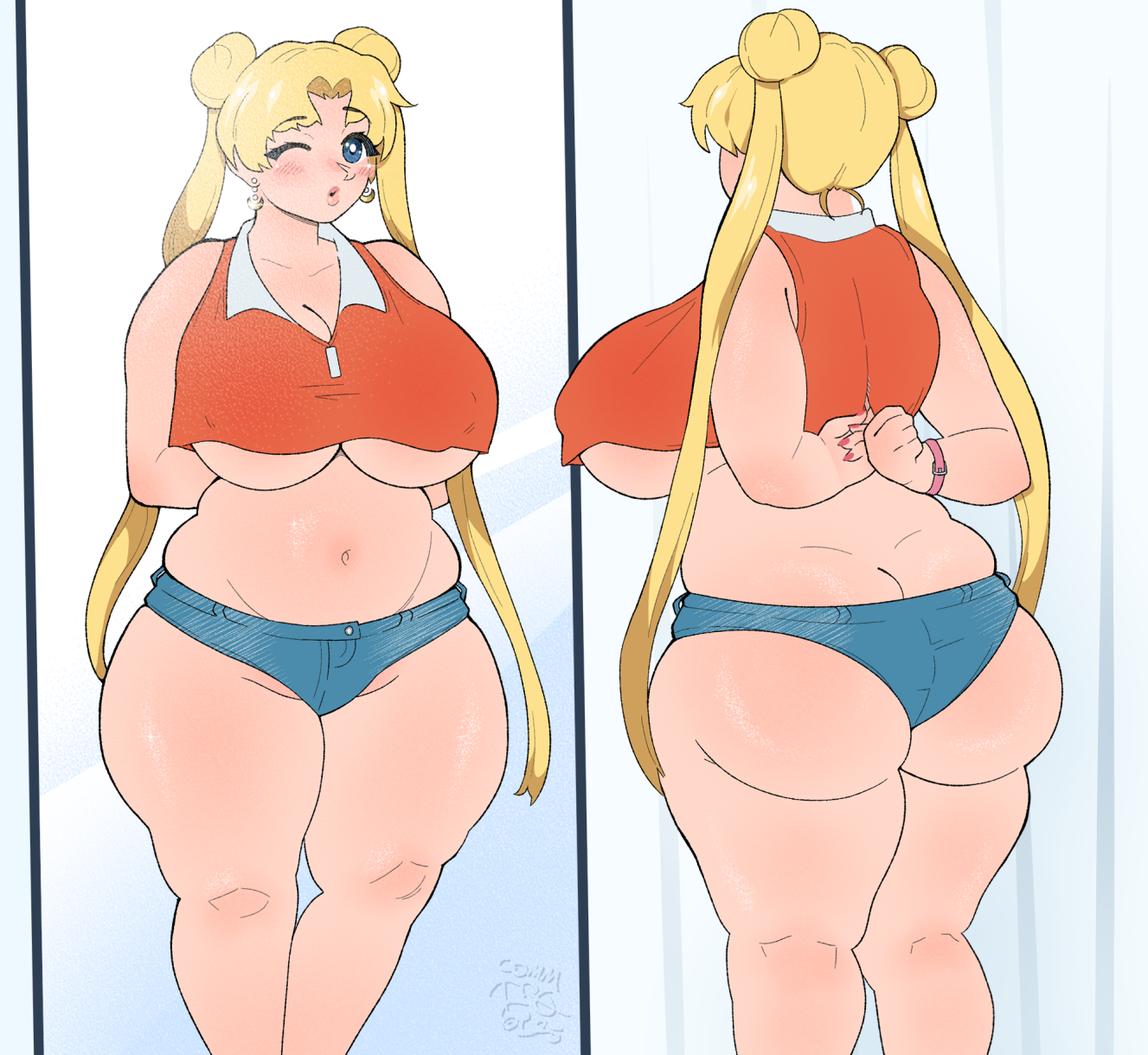 1girls alternate_ass_size alternate_breast_size ass ass_crack bare_midriff bbw bishoujo_senshi_sailor_moon blonde_hair blue_eyes breasts butt_crack clothed clothing earrings fat fat_ass female female_only iroquöis navel one_eye_closed overweight sailor_moon solo solo_female underboob usagi_tsukino wink