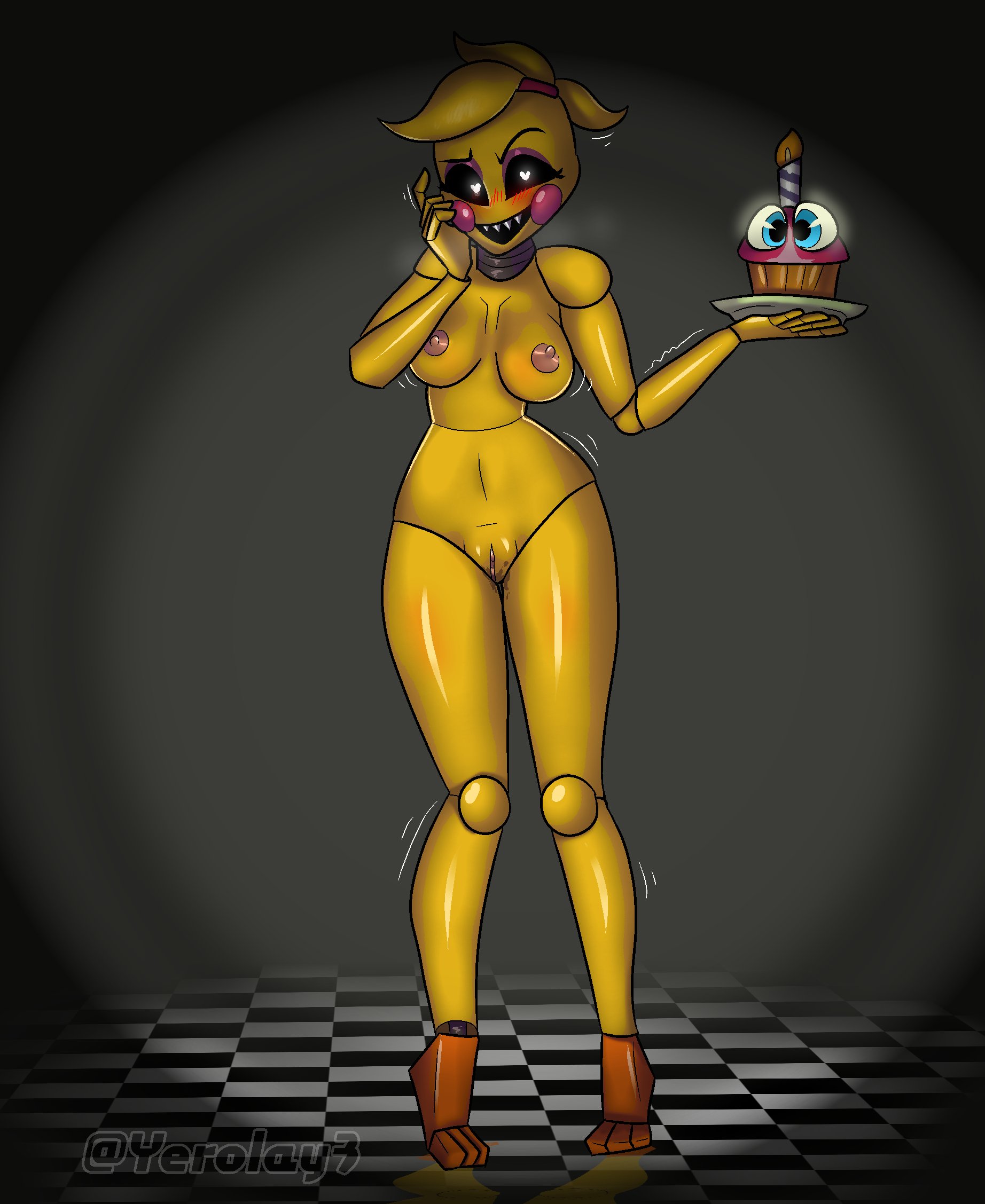 toy chica (fnaf), 1girls, animatronic, anthro, black sclera, boobs, breasts...