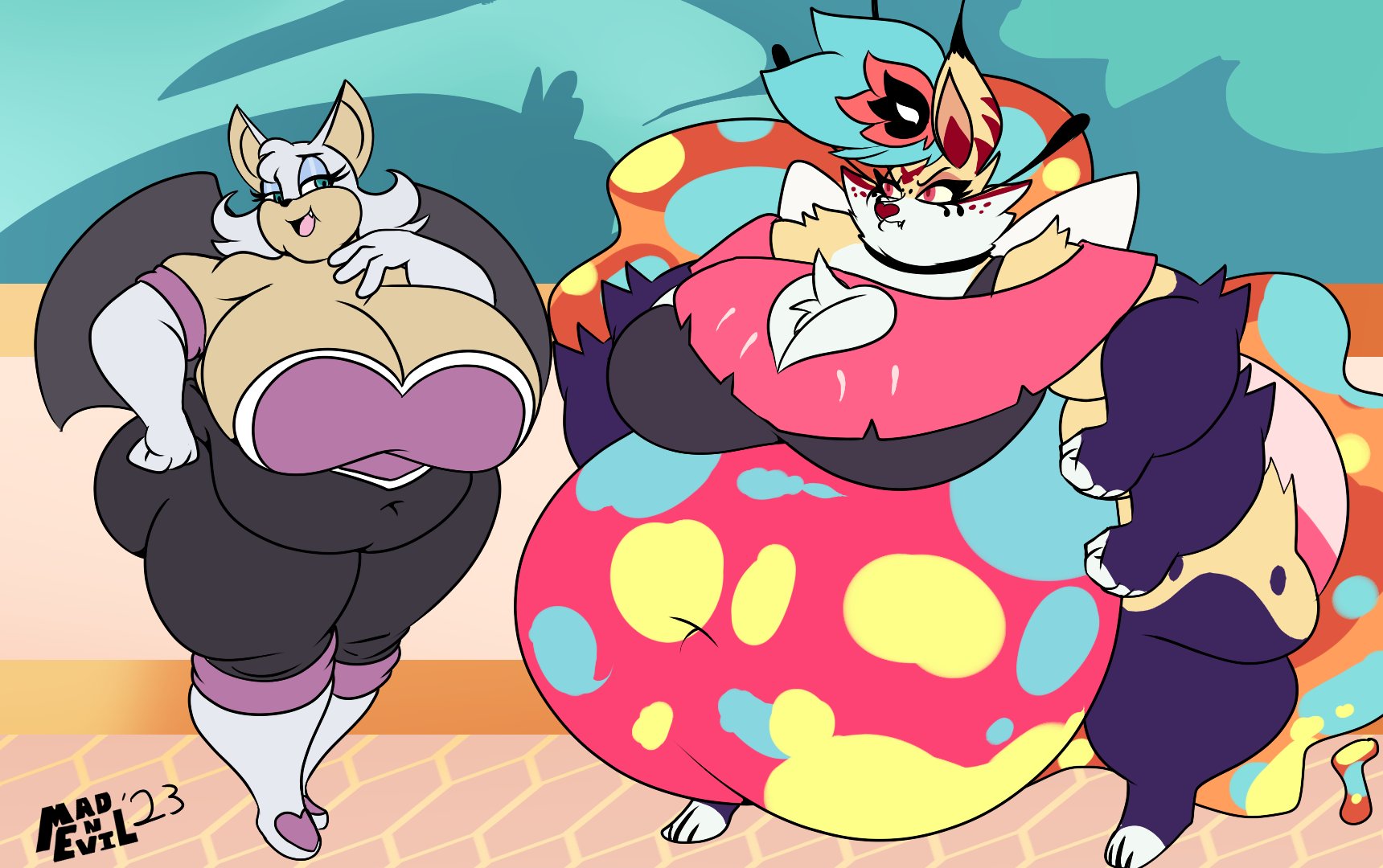 rouge the bat, big ass, big breasts, breasts, bubble butt, huge ass, mad n evil, overweight, queen bee-lzebub (helluva boss), thick thighs, wide hips, 
