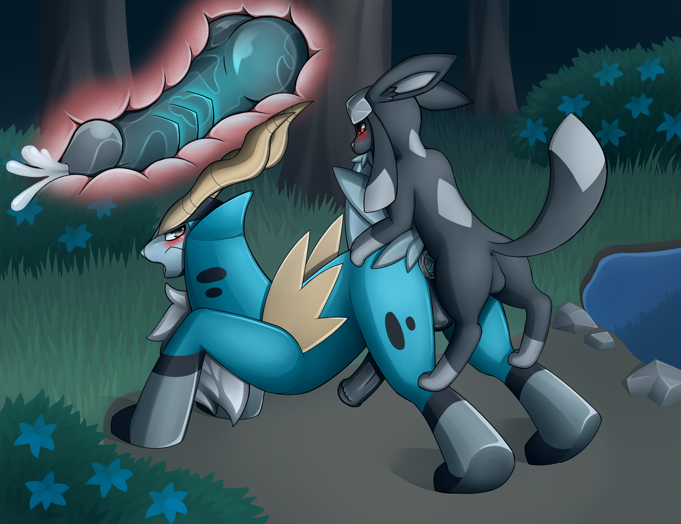 zeonart, cobalion, eeveelution, glaceon, nate, original character, nintendo, pokemon bw, pokemon gsc, 2boys, alternate color, anal, anal sex, ass, bent over, bite, blush, bushes, canine penis, cum, cumshot, dark, doggy style, equine, erection, flower, forest, from behind, furry, furry only, gay, grass, horn, horse, horsecock, internal, interspecies, knot, knotting, lake, male, male only, night, no humans, orgasm, outdoors, paws, penetration, penis, pokemon, red eyes, rocks, sex, tree, video games, yaoi, 
