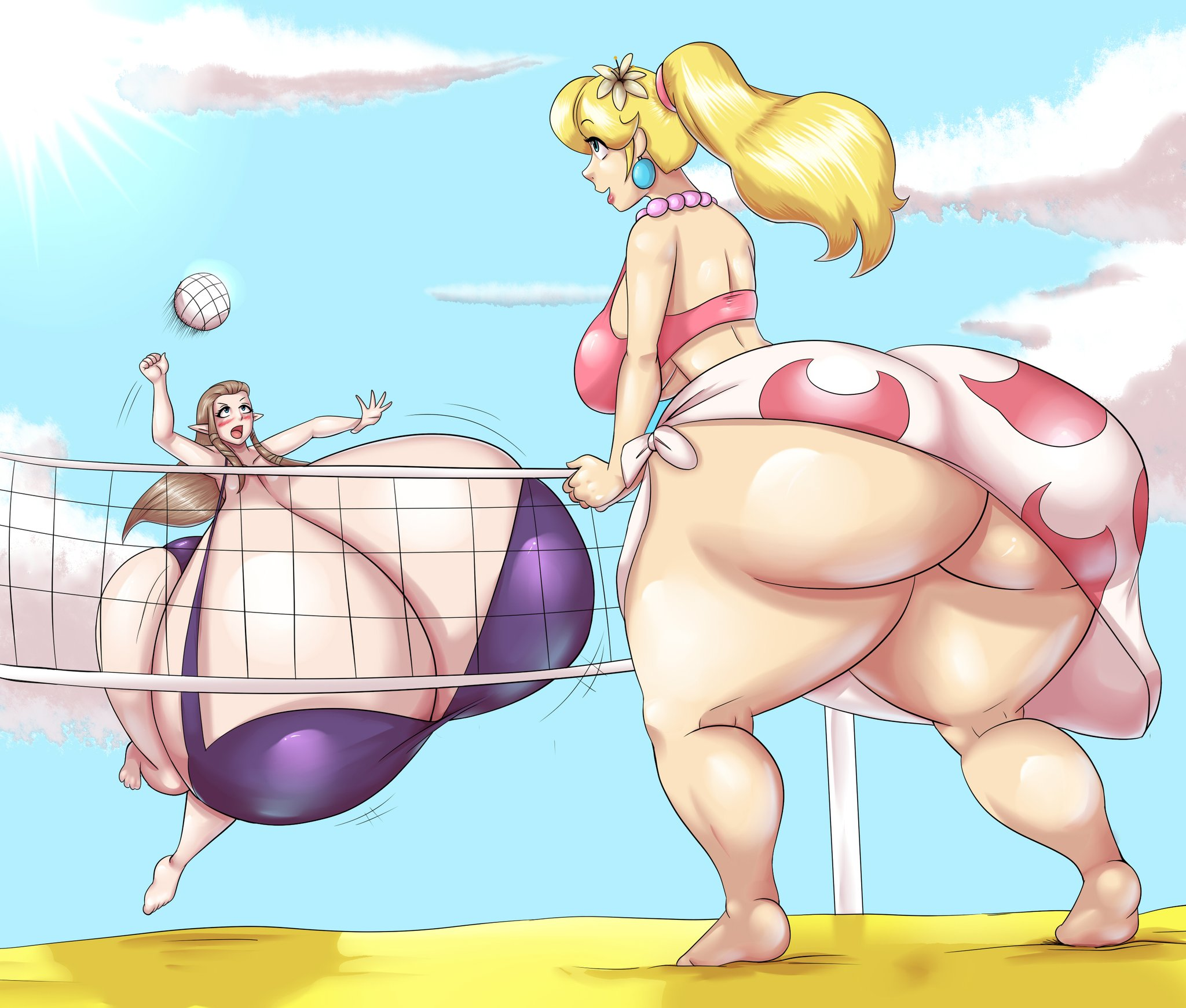 marauder6272, princess peach, princess zelda, zelda (twilight princess), super mario bros., the legend of zelda, twilight princess, beach, big ass, big breasts, big butt, bikini, gigantic ass, gigantic breasts, huge ass, huge breasts, hyper, hyper ass, hyper breasts, hyper thighs, swimsuit, thick thighs, wide hips, 