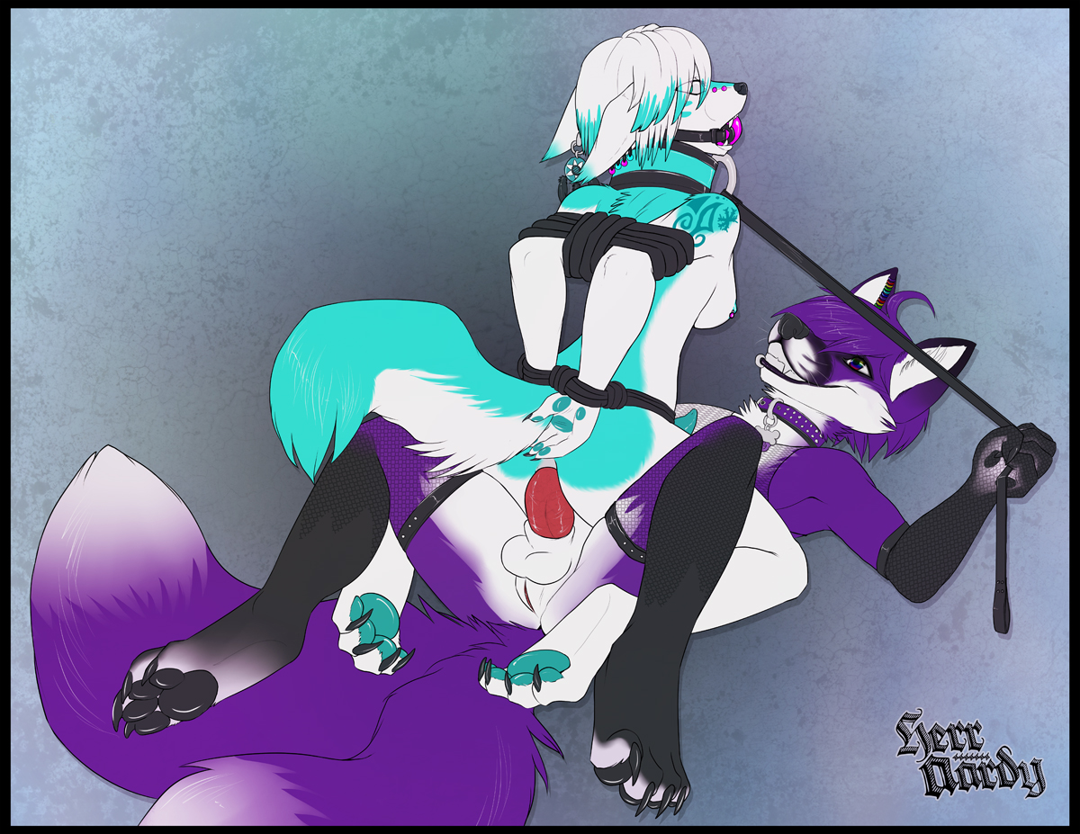herraardy, artica sparkle, anthro, ball gag, bondage, bound, breasts, canine, cowgirl position, fur, furry, herm, intersex, leash, male, penis, wolf, 