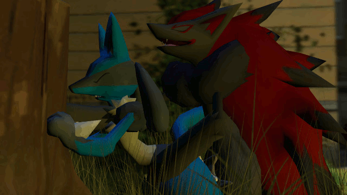 2joey4u, lucario, zoroark, nintendo, 3d, animated, ass, bent over, black fur, blue fur, bush, claws, cum, cum on ass, from behind, grass, humping, interspecies, long hair, male, outside, penetration, pokemon, precum, red fur, red hair, sex, video games, 