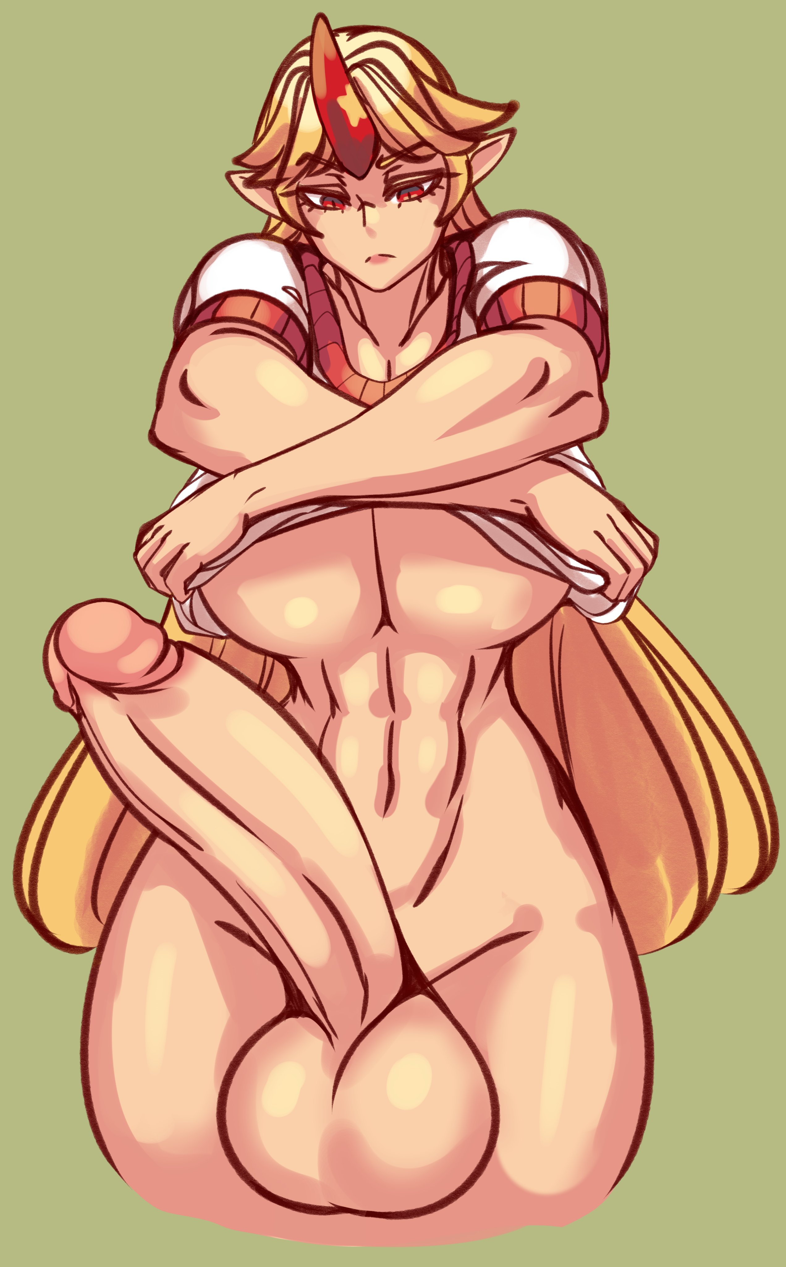 nicecream, hoshiguma yuugi, touhou, abs, big breasts, breasts, erection, futa only, futanari, huge cock, large breasts, penis, solo, thick thighs, underboob, wide hips, 