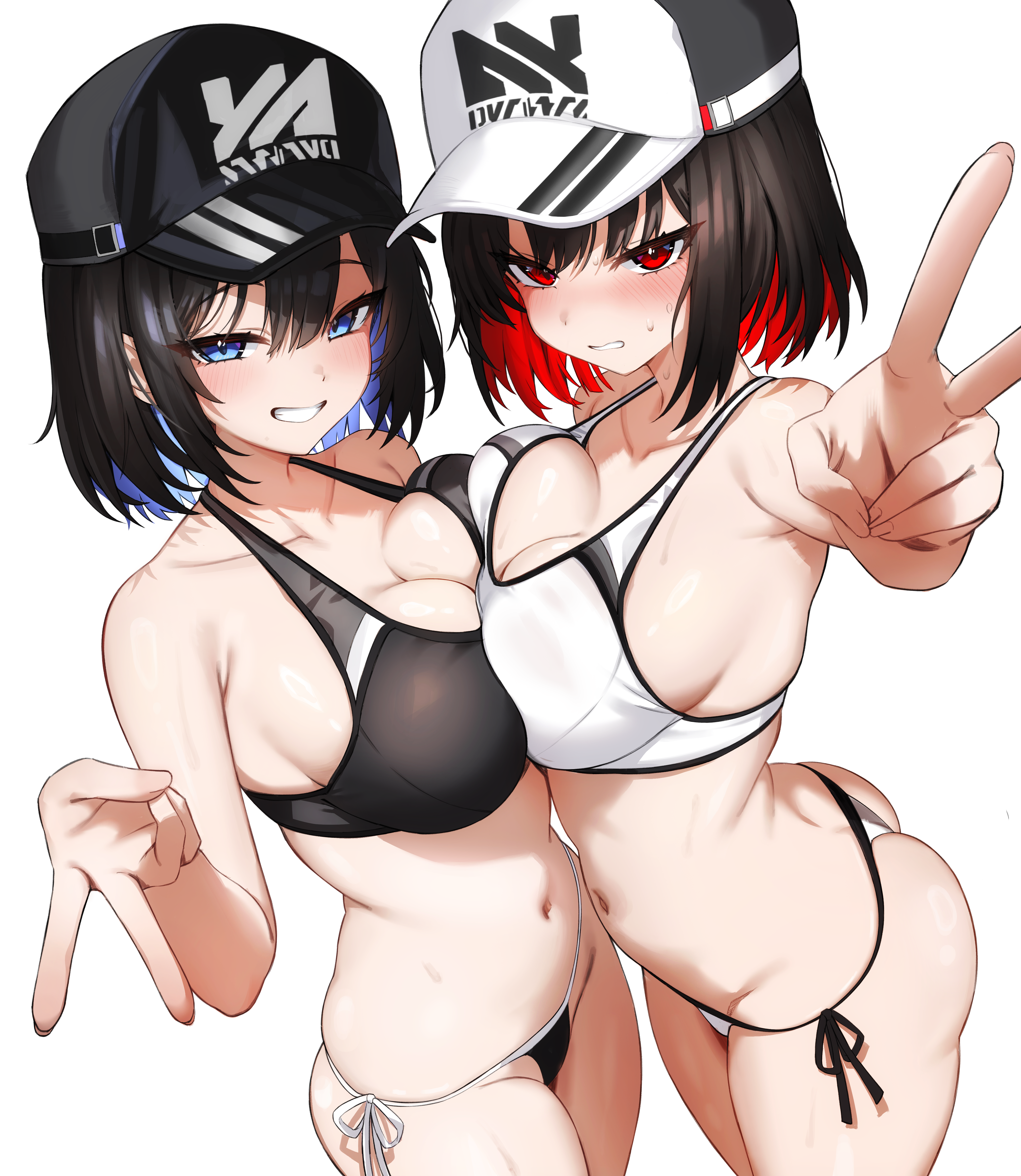 2girls absurdres ass baseball_cap bikini black_bikini black_hair black_hat black_survival blue_eyes blue_hair blush breast_press breasts colored_inner_hair commentary dasi_(kwts3227) debi_(black_survival) eternal_return:_black_survival gyaru_v hat highres large_breasts looking_at_viewer marlene_(black_survival) multicolored_hair multiple_girls outstretched_arm red_eyes red_hair short_hair siblings side-tie_bikini_bottom simple_background sisters skindentation smile sweat swimsuit symmetrical_docking twins v v-shaped_eyebrows white_background white_bikini white_hat