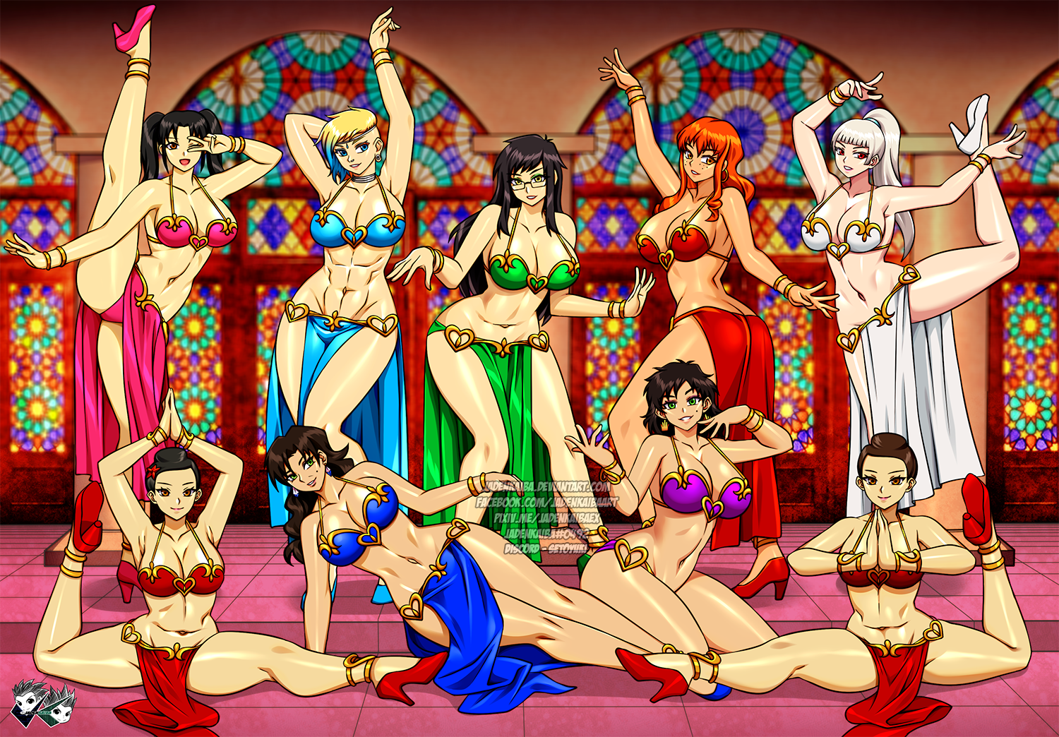 9girls abs belly_dancer belly_dancer_outfit black_hair blonde_hair blue_hair breasts brown_hair cleavage dancer dancer_outfit dancing female fit fit_female glasses harem harem_girl harem_outfit high_heels huge_breasts jadenkaiba large_breasts loincloth multiple_females multiple_girls orange_hair original original_characters sex_slave slave_bikini slave_girl slave_outfit