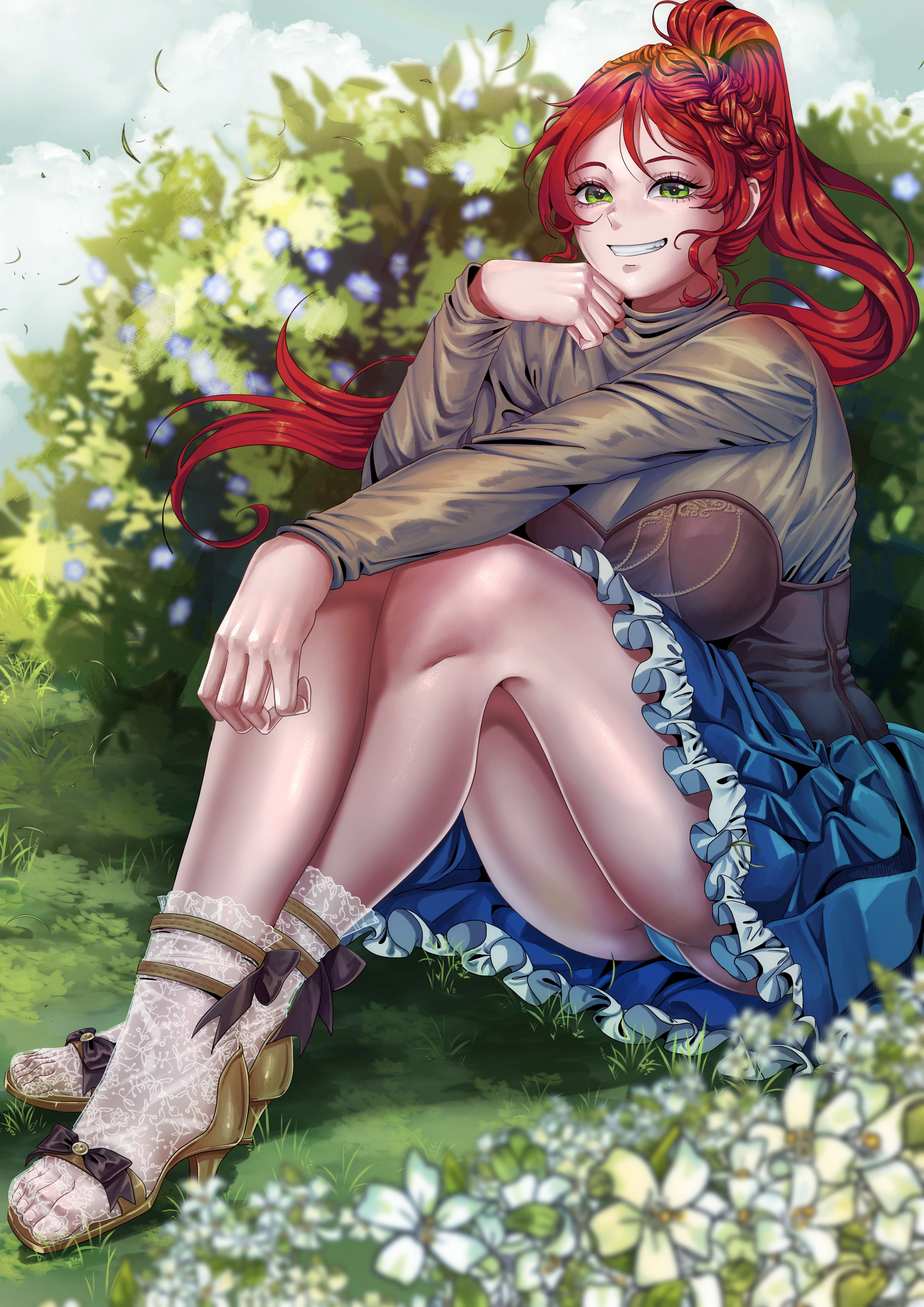 1girls bush clouds female female_only flower flowers grass green_eyes heels high_heels lace_socks legs liilica outdoors panties panties_peek pattern_socks patterned_clothing pyrrha_nikos red_hair rwby sky smile socks solo toenails toes transparent_socks wind