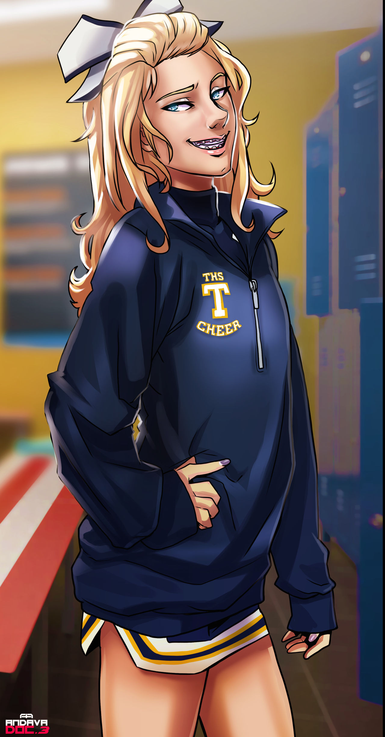 andava, brianna (andava), andavaverse, blonde hair, blue eyes, braces, cheerleader, cheerleader uniform, hair ribbon, jacket, locker room, naughty face, purple nails, 