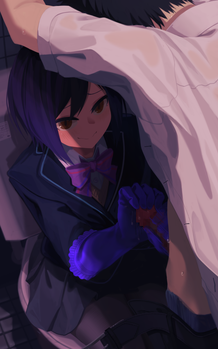 shizuka rin, nijisanji, virtual youtuber, censored, commentary request, highres, mosaic censoring, 1boy, akaiha (akaihasugk), arm up, belt, black hair, black jacket, black legwear, black skirt, blazer, blue gloves, blue hair, blush, bow, bowtie, brown eyes, closed mouth, elbow gloves, female, gloves, handjob, indoors, jacket, long sleeves, miniskirt, open clothes, open shirt, pants pull, pantyhose, penis, pleated skirt, purple bow, purple neckwear, rubber gloves, school uniform, short sleeves, skirt, smile, toilet, unbuckled belt, unbuttoned, unbuttoned shirt, 