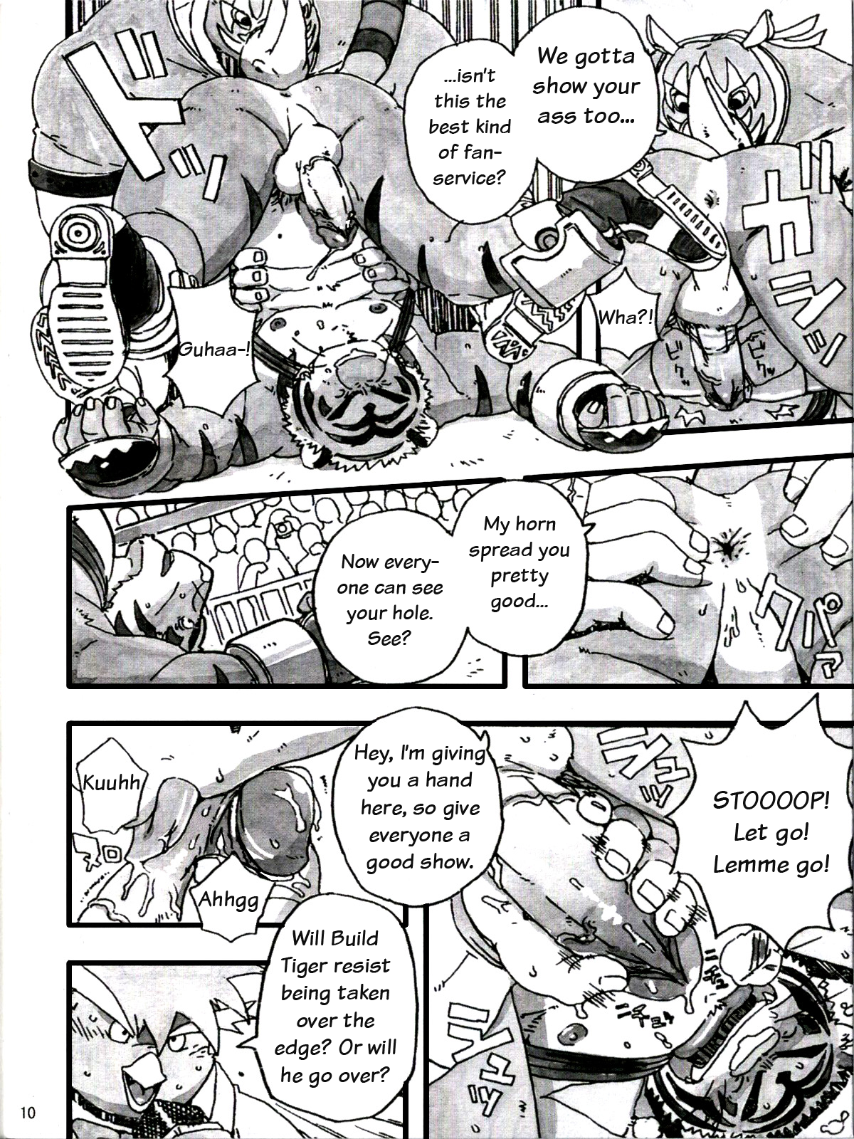 unknown artist, build tiger, rhino, black and white, monochrome, anthro, feline, fur, furry, gay, handjob, male, penis, tiger, 