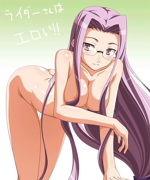 rider (fate/stay night), fate/stay night, fate (series), type-moon, translated, breasts, glasses, long hair, nude, purple hair, solo, very long hair, 