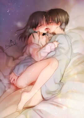 1boy 1girls artist_name bare_shoulders bed bed_sheet blush breasts brother_and_sister brown_hair cleavage closed_eyes clothed_sex collarbone female french_kiss full_body green_eyes hair_between_eyes highres incest kissing long_hair male male_and_female_focus medium_breasts mikami_mika nude on_bed open_mouth pubic_hair pussy pussy_juice saliva sex siblings signature sleepwear solo spread_legs straight sweat thighhighs thighs tongue vaginal_penetration