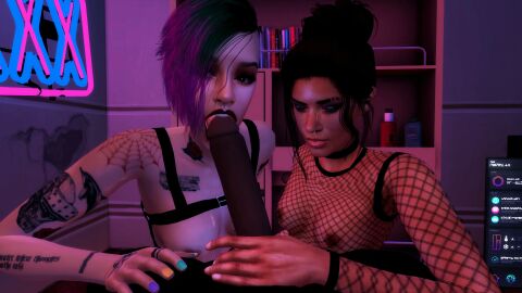 1boy 2girls 3d blowjob cyberpunk cyberpunk_2077 dark-skinned_male dark_skin female hooker interracial joytoy judy_alvarez light-skinned_female light_skin male prostitute prostitution the_sims the_sims_4 threesome