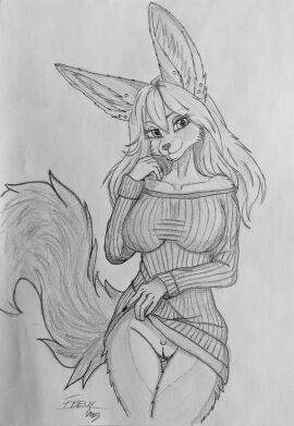 anthro big_tail bottomless canid canine clothed clothing ear_piercing ear_stud feeny feeny_(omgawd) female fennec_fox fluffy fox genitals graphite_(artwork) hi_res long_ears looking_at_viewer mammal monochrome omgawd peek pencil_(artwork) piercing portrait pussy solo stud_piercing sweater sweater_dress tail teasing three-quarter_portrait topwear traditional_media_(artwork) true_fox
