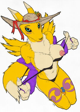 2023 anthro areola arm_tuft armwear bandai_namco between_thighs bikini biped black_bikini black_clothing black_nose black_sclera black_swimwear blue_eyes blue_markings bottle breasts bridal_gauntlets canid canine claws clothed clothing colored container countershade_torso countershading coyotek digimon digimon_(species) dipstick_ears dipstick_tail ear_markings eye_markings eyebrows female flower fox gloves_(marking) hat headgear headwear hi_res kneeling leg_markings looking_at_viewer mammal markings multicolored_body multicolored_ears navel neck_tuft nipple_outline nipples partially_clothed plant renamon ribbons shoulder_tuft simple_background socks_(marking) solo swimwear tail tail_markings thigh_markings tomoe_(symbol) tuft two-tone_body white_background white_body white_markings yellow_body