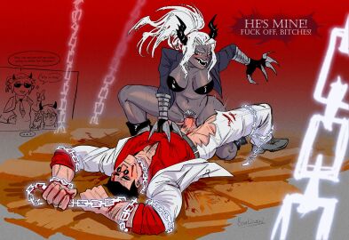 1boy 3girls after_battle arm_hair black_hair blush boalizard breasts chains demon demon_girl demon_horns domination english_text fangs female heart-shaped_pupils helltaker helltaker_(character) highres horns jacket judgement_(helltaker) justice_(helltaker) lying male malesub metal_gloves modeus_(helltaker) multiple_females multiple_girls on_back pants penis pubic_hair pussy red_shirt riding round_eyewear sex shirt speech_bubble sunglasses torn_clothes torn_pants vaginal_penetration white_hair white_jacket white_pants