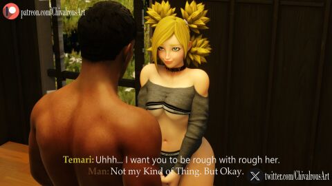 1boy 1girls 3d boruto:_naruto_next_generations caption chivalrous_art comic cuckold cuckolding dark-skinned_male dark_skin female interracial light-skinned_female light_skin male naruto naruto_(series) sex sucking temari