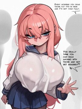 1girls bags_under_eyes blue_eyes blue_sailor_collar blue_skirt breasts closed_mouth commentary deitysexual english_text female hair_between_eyes huge_breasts long_hair long_sleeves michinoku_komaro pink_hair sailor_collar school_uniform seitokai_ni_mo_ana_wa_aru! shortstack simple_background skirt