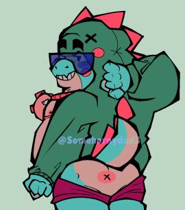 absurd_res anthro artist_name belly blush brawl_stars buzz_(brawl_stars) cartoony dinosaur dinosaur_hood fat gay green_body highres looking_back male showing_ass simple_background smiling somehornydud3 tagme tail