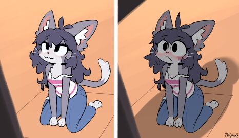 1boy 1girls 2024 3_fingers 3_toes :3 :< a_cat_is_fine_too absurd_res ambiguous_species big_penis bigger_male black_eyes black_hair blush bottomwear cat_ears cat_tail chest_tuft claws clothed clothed_female clothing dipstick_tail domestic_cat eyelashes faceless_male felid feline felis female female_focus frown fur furry gloves_(marking) grey_body grey_fur hair hi_res hyper hyper_penis imminent_sex inner_ear_fluff jeans kneeling long_hair looking_at_another male male/female mammal markings miso_souperstar original_character pants penis penis_awe penis_shadow shadow shirt silhouette smaller_female smile socks_(marking) surprised surprised_expression tank_top topwear tuft unseen_male_face watermark whiskers