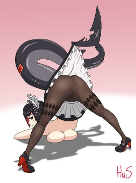 1girls big_breasts black_hair breasts ellen_joe female hatnshades heels jack-o_pose lollipop looking_at_viewer maid maid_headdress maid_uniform pantyhose red_eyes shark shark_girl shark_tail skirt skirt_lift spread_legs thick_thighs victoria_housekeeping zenless_zone_zero