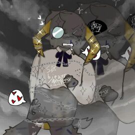 1boy animal_humanoid bad_anatomy blush_lines blushing chains corruptbox corruptbox_redirection cumshot fur furry goat half_dressed incredibox_mod male male_focus male_only monocle non-human ocaloid partially_clothed partially_clothed_male penis sevtin_(corruptbox) tentacle_penis toony yellow_penis