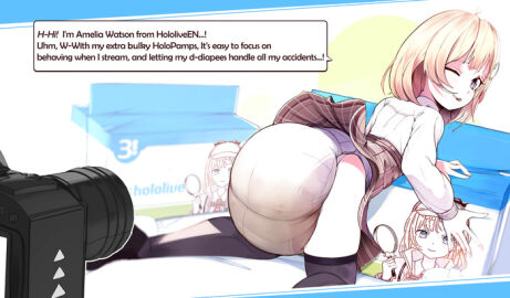 blue_eyes camera detective diaper diaper_under_skirt female hollydiver234 hololive hololive_english hololive_myth messy_diaper one_eye_closed recording scat skirt talking_to_viewer virtual_youtuber watson_amelia yellow_hair