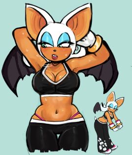 1girls bat_ears bat_girl bat_wings blue_eyeshadow breasts busty cleavage female green_eyes orange_skin rouge_the_bat sonic_(series) sonic_the_hedgehog_(series) thong unaluu_nsfw white_fur workout_clothes