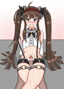 1boy 1girls ahoge bangs blush censored drawfag female hairband heterochromia hotpants human long_hair male overalls penis red_hairband ryoubi_(senran_kagura) senran_kagura simple_background tagme thigh_sex thighs twintails white_shirt