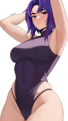 1girls armpits edmun female highleg lady_nagant leotard my_hero_academia navel purple-haired_female purple_eyes purple_hair solo_female sweat thong_straps two-tone_hair violet_eyes