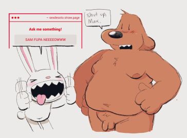2boys 4_fingers anthro balls blush boyjacent brown_body brown_fur canid canine canis closed_eyes domestic_dog duo embarrassed english_description excited fangs fingers flaccid fur furry genitals gesture hand_gesture handjob_gesture hi_res humanoid_genitalia humanoid_penis lagomorph leporid male mammal max_(sam_and_max) moobs navel nipples nude nude_male open_mouth overweight overweight_male penis rabbit sam_and_max samuel_dog sharp_teeth suggestive suggestive_gesture tail teeth tongue tongue_out white_body white_fur