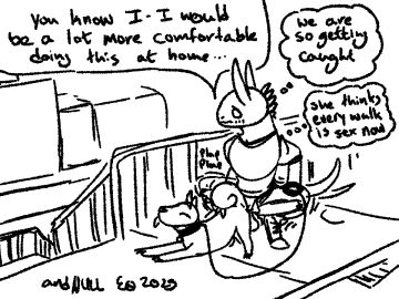 anthro canid canine canis clothed clothed_sex clothing crouching domestic_dog duo exhibitionism female feral genitals looking_pleasured male male/female mammal nervous nervous_look onomatopoeia outside outside_sex penis penis_poking_out penis_through_fly qwaxi~lixard sex shiba_inu sound_effects spitz text unknown_species zoophilia