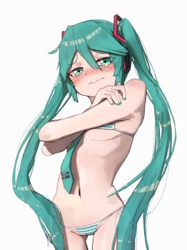 1girls armpits belly_button bikini blue_nails blush breasts covering crying female female_focus female_only hatsune_miku hatsune_miku_(collared_bikini) ki_romaru long_hair looking_at_viewer nail_polish sad simple_background small_breasts solo solo_female solo_focus striped_bikini tearing_up tears tie twintails vocaloid white_background