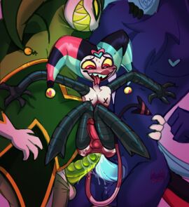 anal anal_sex asmodeus_(helluva_boss) ass big_dom_small_sub blush bodily_fluids chimera clothing cum cum_in_ass cum_inside demon dominant double_penetration fat_male feathers fizzarolli_(helluva_boss) fluffy_chest fool's_hat forked_tongue gay gay_sex genital_fluids genitals glowing glowing_genitalia glowing_penis group group_sex hat headgear headwear heart_nipples helluva_boss humanoid imp male male/male mammon_(helluva_boss) nipples penetration penis robotic_arm robotic_limbs sex sharp_teeth size_difference smaller_penetrated spade_tail sweat tail tail_feathers teeth threesome tongue tongue_out trio tw1nkd3m0n two_doms_one_sub unusual_anatomy unusual_genitalia unusual_penis x_nipples