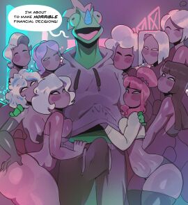 1boy anthro ass big_ass big_butt boner_in_pants chameleon comedy dialogue erection faceless_(species) female hoodie humor imminent_sex lizard lizardman male male/female multiple_females multiple_girls peculiart prostitution red_body reptile scalie skimpy white_hair