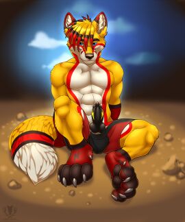 4_toes abs animal_genitalia animal_penis anthro balls balls_bulge bangs bedroom_eyes black_body black_fur black_nose black_penis blue_eyes blurred_background broad_shoulders bulge canid canine canine_genitalia canine_penis cheek_tuft claws clothed clothing cloud day dewclaw digital_media_(artwork) digitigrade dipstick_ears dipstick_hair dipstick_tail dirt ear_markings erection erection_through_clothing facial_tuft feet fluffy fluffy_tail fox foxlightning fur genitals gloves_(marking) glowing glowing_markings hair hands_on_ground hi_res knot leg_markings lightning_bolt lightning_bolt_marking looking_at_viewer male mammal markings multicolored_body multicolored_ears multicolored_fur multicolored_hair muscular muscular_anthro muscular_male narrowed_eyes outside partially_clothed pawpads paws pecs penis red_body red_fur red_markings seductive shaded sitting sitting_on_ground sky smile socks_(marking) soft_shading solo tail tail_markings toe_claws toes tuft underwear underwear_down underwear_only vallhund were werecanid werecanine werefox white_body white_claws white_fur yellow_body yellow_fur yellow_markings