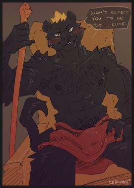 2024 abs anthro anthro_only arm_hair artist_name bara black_body black_border black_fur black_nipples black_tail blush body_hair border bulge chair cheek_tuft chest_hair clothing crown danny_smoke_in_furry_land detailed_bulge digital_media_(artwork) english_text facial_tuft felid front_view fur furniture genital_outline headgear hi_res holding_wand king_magnum male male_only mammal monotone_body monotone_fur muscular muscular_anthro muscular_male nipples orange_wand pantherine penis penis_outline portrait pubes red_clothing red_underwear sitting smile solo tail talking_to_viewer teeth text three-quarter_portrait throne to_(matto)3 tuft underwear whiskers yaoi yellow_eyes