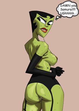angry angry_expression angry_face armwear ass big_areola big_ass big_breasts big_butt big_nipples big_thighs black_eyes black_hair black_legwear black_panties boobs_and_butt_pose boobs_out breasts breasts_out cartoon cartoon_network female green_body green_nipples green_skin half-dressed half_naked half_nude ikra lingerie lingerie_only looking_at_viewer looking_back mtf_transformation no_bra no_panties pink_lips pink_lipstick pink_nipples posted_by_artist poster samurai samurai_jack side_boob sideboob sideview slim slim_waist solo solo_female solo_focus speech_bubble thejackofall thick thick_ass thick_butt thick_legs thick_thighs transformation