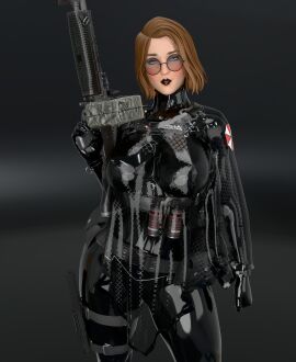 1girls 3d black_lipstick blender brown_hair clothed_female corset cuff_(restraint) female female_only fetish glasses gun gun_holster hi_res high_resolution holster knife latex latex_clothing latex_suit life_is_strange life_is_strange:_double_exposure light_machine_gun lipstick max_caulfield neck_corset nipple_bulge poncho resident_evil round_glasses rubber shiny_clothes skyebunny solo solo_female staring_at_viewer tactical_gear tight_clothing transparent_clothing umbrella_corporation