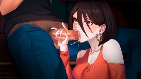 bare_shoulders blush blushing_female bob_cut brown_eyes brown_hair cum cum_in_mouth fellatio female female_focus horny_capybara original original_character red_shirt short_hair