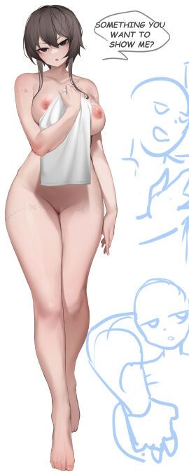 1girls absurd_res absurdres adult areolae bare_arms bare_belly bare_breasts bare_chest bare_legs bare_midriff bare_pussy bare_shoulders bare_skin bare_thighs barefoot belly belly_button breasts brown-haired_female brown_hair cleft_of_venus collarbone completely_naked completely_nude dot_nose english english_dialogue english_text feet feet_together female female_focus fingers full_body groin hair_between_eyes head_tilt high_resolution highres hourglass_figure kanine41 karinn_(oc) knees legs legs_together light-skinned_female light_skin looking_at_viewer meat_lines medium_breasts medium_hair naked naked_female navel nine_(kanine41) nipples nude nude_female open_mouth original original_art original_artwork pussy short_hair shoulders simple_background slender_body slender_waist slim_female slim_waist standing thick_thighs thighs thin_waist tilted_head toes towel towel_only towel_over_breasts uncensored uncensored_breasts uncensored_nipples uncensored_pussy uncensored_vagina underboob v-line white_background wide_hips