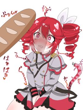 1girls ahoge artist_request baguette blush bread drill_hair drooling female female_only fully_clothed hair_ribbon heart-shaped_pupils japanese_text kasane_teto kasane_teto_(sv) matching_hair/eyes red_eyes red_hair solo suggestive_food synthesizer_v tagme twin_drills twintails utau