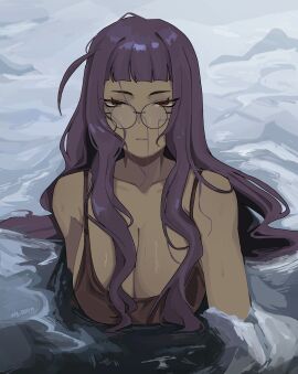 1girls big_breasts breasts brown_eyes cleavage dark-skinned_female dark_skin female female_only glasses katriel_(library_of_ruina) library_of_ruina long_hair looking_at_viewer project_moon purple_hair solo solo_female