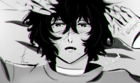 1boy a4th bandage bandaged_neck blush blush_lines blushing blushing_male boy bungo_stray_dogs bungou_stray_dogs clothed cum cum_in_mouth cum_on_face cum_on_mouth cum_on_tongue cum_stain cum_stains dark_hair dazai_osamu feminine_male greyscale hazy_eyes implied_oral light-skinned_male light_skin looking_up male male_only male_solo mouth mouth_opened no_sex no_visible_genitalia open_mouth osamu_dazai pale pale-skinned_male pale_skin solo solo_focus solo_male submissive submissive_male twink