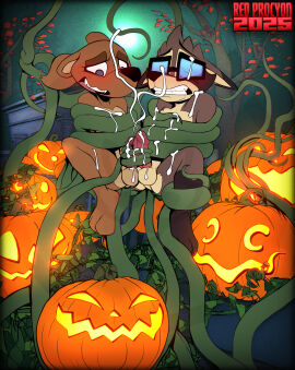 absurd_res anal anal_sex anthro athletic balls balls_touching bodily_fluids bondage bound caedyn_redfield_(redprocyon) cobondage cum cum_on_balls cum_on_body cum_on_chest cum_on_each_other cum_on_face cum_on_partner cum_on_penis cumshot duo ejaculation eyewear for_a_head forced_orgasm frottage genital_fluids genitals glasses hair halloween haunted haunted_objects hi_res holidays jack-o'-lantern male male/male mammal mustelid nude object_head orgasm otter penetration penile penis penises_touching plant ponytail procyonid pumpkin_head raccoon redprocyon sex slightly_chubby tentacle tentacle_around_penis tentacle_penetration tentacle_rape tentacle_sex vines wrapped_around_partner wrapped_up ziggy_(otterdownunder)