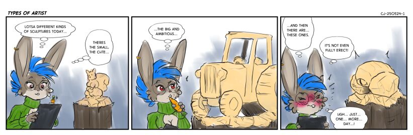 2025 anthro biped blue_hair blush blush_lines breasts buckteeth cheek_tuft cleavage cleavage_cutout clipboard clothed clothing comic countershade_face countershading cutout ear_piercing ear_ring english_text eyebrows eyewear facial_tuft female flaccid foreskin genitals glans glasses grey_body hair hi_res holding_clipboard holding_object humanoid_genitalia humanoid_penis lagomorph leporid male mammal medium_breasts mohawk ninabun_(s-nina) one_eye_closed penis piercing pink_nose rabbit ring_piercing round_glasses s-nina sculpture short_hair solo sweater teeth text thought_bubble topwear tuft turtleneck uncircumcised wearing_glasses white_body white_countershading wood